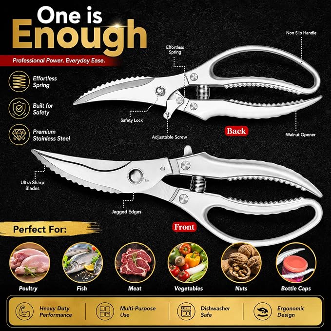 Heavy Duty Poultry Shears, Spring Loaded Kitchen Scissors for Chicken, Turkey, Meat & Fish, Stainless Steel Meat Scissors & Chicken Bone Cutter, Dishwasher Safe with Safety Lock & Gift Box
