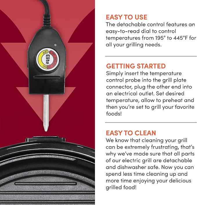 Elite Gourmet EMG-980BX Indoor Electric Round Grill, Non-Stick, 14" Black | Cool-touch handles, fast heat-up, dishwasher-safe with glass lid - great for low-fat meals, easy cleanup