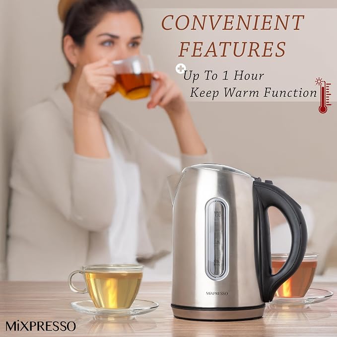 Moss & Stone Stainless Steel Electric Kettle Temperature Control, 1.7L | Large, portable hot water tea kettle, cordless fast boiling pot, boil-dry protection, auto shut-off, 2 hr keep warm