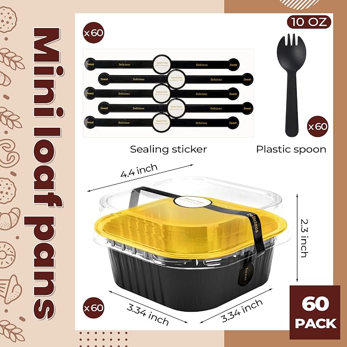 Square Pans with Lids, 60 Pack Black Gold for Dinner Parties | Good for custard, snack cups, fruit toppings and baked samples; simple structure is easy to understand at a glance.