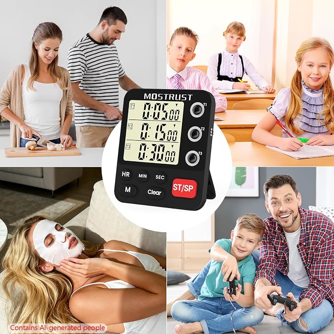 Digital Dual Kitchen Timer, Multiple Channels Countdown Timer | 3-Groups Triple Timer with Magnet-Back Memory-Preset Large Display Adjustable Volume, 3A Battery Included, Ideal for Cooking