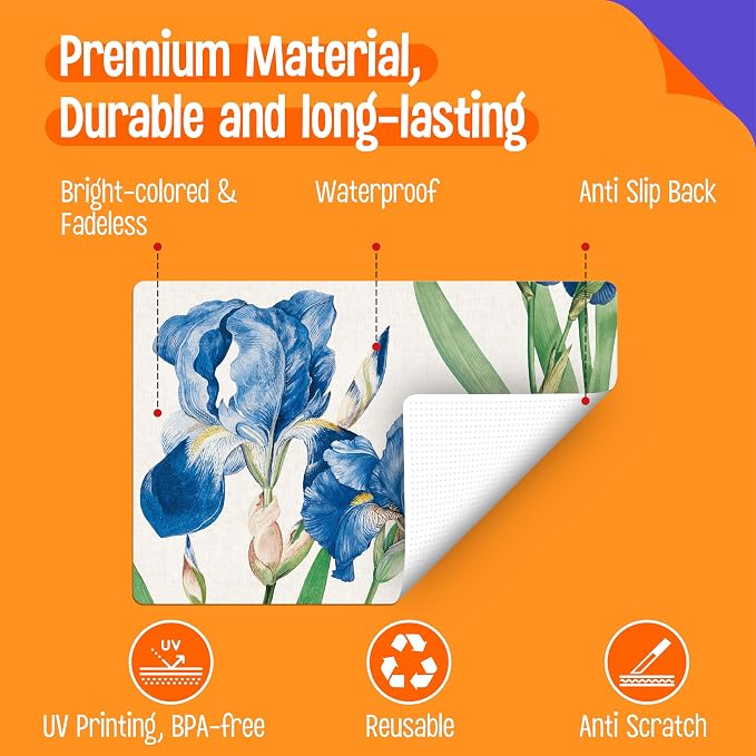 6 Pack Elegant Placemats, Non-Slip Washable, Reusable Placemat - Plants, Flowers Birds, Nature Theme Placemats for Home, Office, Restaurant, Dining Table, Adults, Kids,