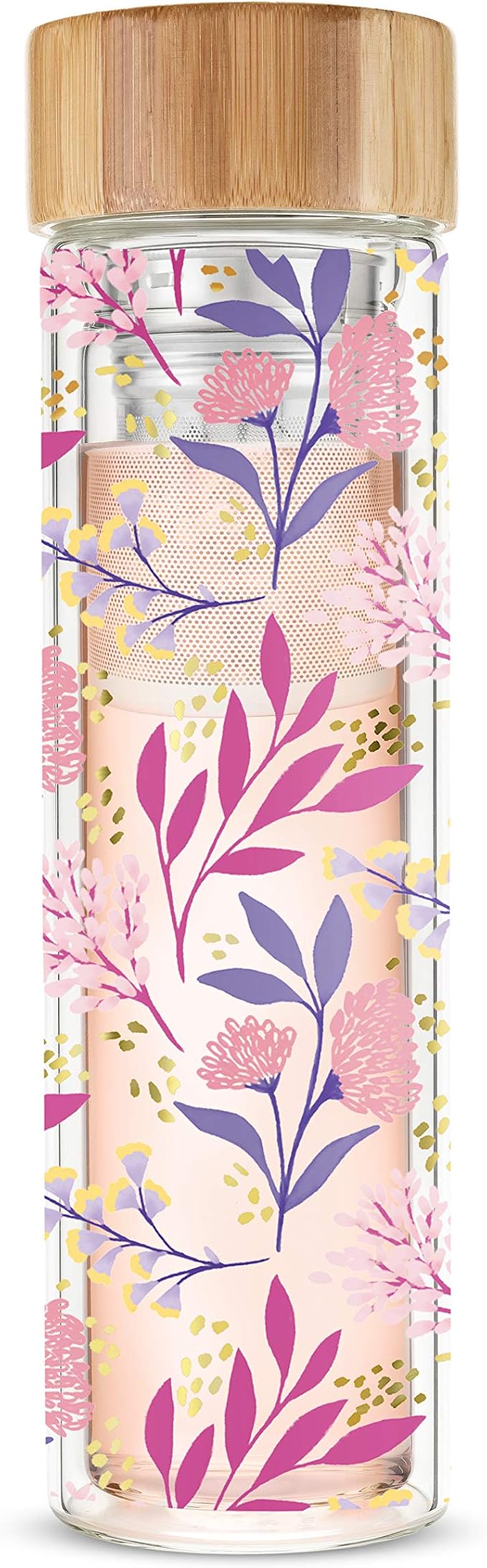 Pinky Up Blair Travel Tea Infuser Mug, Double Walled Insulated Travel Tumbler with Loose Leaf Tea Strainer, Travel Coffee Mug, Keeps Drinks Hot or Cold, 16 oz, Botanical Design