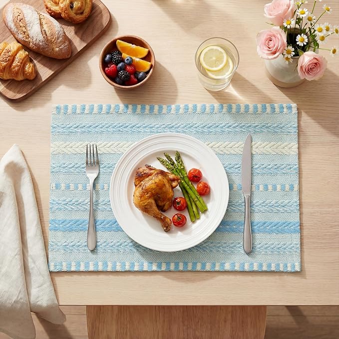 Artoid Mode Sky Blue Farmhouse Woven Braided Stripe Placemats Set of 4,12x18 Inch Seasonal Holiday Table Mats Party Kitchen Dining Decoration