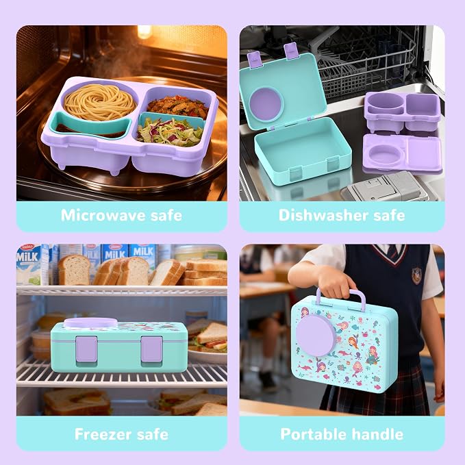 Bento Box for Kids, Leakproof Kids Lunch Box with 8.5OZ Thermo Food Jar & Lunch Bag, 3-4 Compartments Toddler Insulated Lunch Box for Girls, BPA Free Lunch Containers for School Daycare