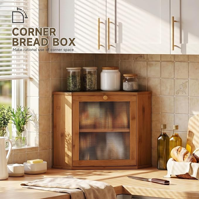 Bread Box for Kitchen Corner Countertop,Large Bread Basket (Brown, Large) | Double Layer Bamboo Bread Storage Container for Kitchen Countertop,Height Adjustable