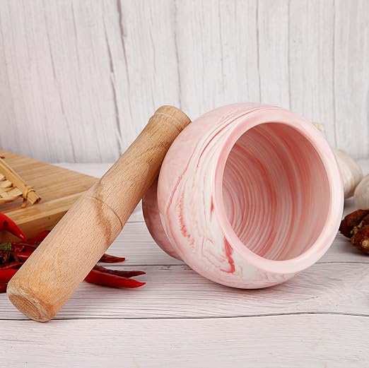 Mortar and Pestle Set- Ceramic Kitchen Mortar and Pestle for Spices, Herbs & More- Durable Mortar with Anti-Slip Base and Sturdy Wooden Pestle with Finest Grinding Ability- 2.6 Cups Capacity