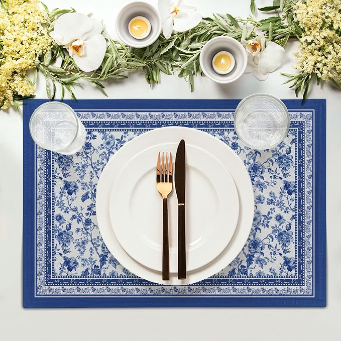 Blue Floral Branches Placemats Set of 4 ，12 x 18 Inch Chinoiserie Table Mats Washable Heat Resistant Linen Fabric Rectangle Place Mat for Indoor Outdoor Kitchen Dining Home Decor
