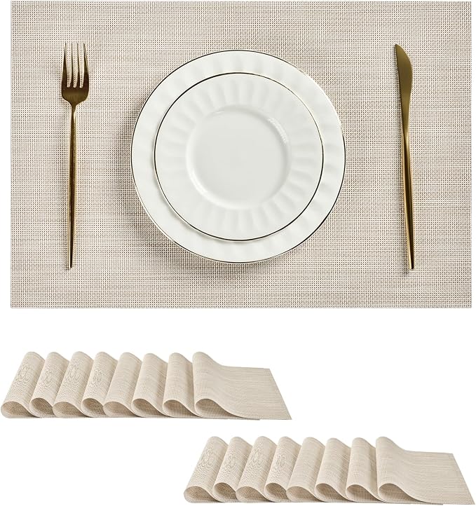 Leetaltree Beige White Placemats Set of 16 - Heat Resistant Non-Slip Place mats for Dining Table, Washable Durable PVC Vinyl Woven Table Mats(Beige White, 16)
