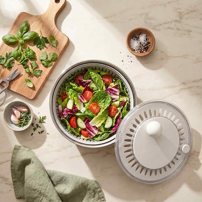 Salad Spinner Dishwasher Safe Stainless Steel Salad Spinner, 5.3 Qt Vegetable Washer, Lettuce Spinner with Non-Slip Base and Stop Button, Transparent Lid & Drainage Hole