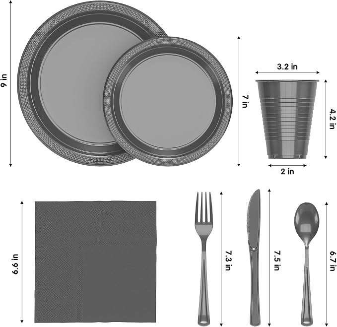 350 Pcs Silver Plastic Plates For Party, Silver Disposable Plates Set, 50 Of Each 9" Dinner Plate Set, 7" Dessert Plate, Cups, Napkins & Cutlery Plastic Dinnerware Set Exquisite