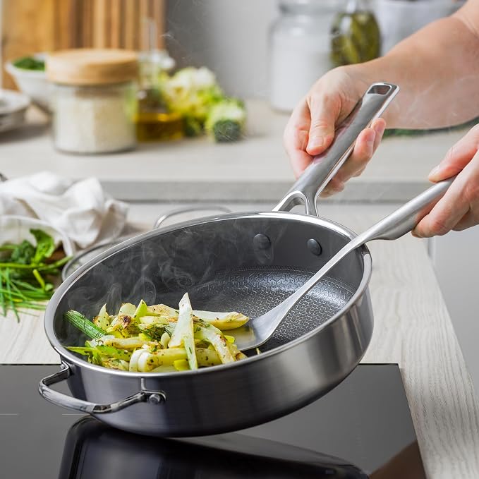 GreenPan Hybrid 5QT Stainless Steel Saute Pan with Lid, Ceramic Nonstick | APEX Tri-Ply Pan, PFAS-Free Thermobond Nonstick, Induction & All Cooktop Compatible, Dishwasher & Oven Safe to 850F, Silver