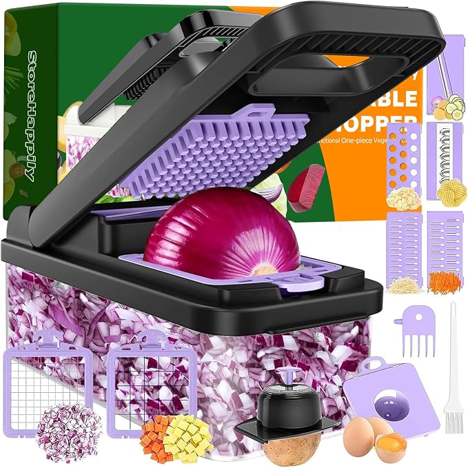 12-in-1 Vegetable Chopper 7 Blades, Veggie Cutter with Handle, Black/Purple | Stainless Steel Blades, Food Container and Lid, Dicer, Slicer, Julienne, Egg Separator, Non-slip Base, Include Cleaning Tools