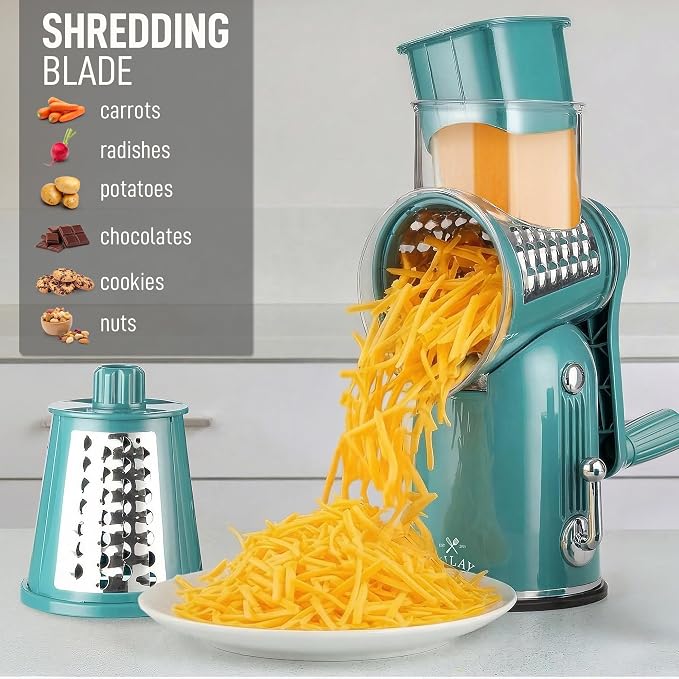 Zulay Kitchen Rotary Cheese Grater 5 Blade Cheese Shredder - Manual Hand Crank Cheese Grater With Reinforced Suction & 5 Interchangeable Drums - Easy to Use, Vegetable Chopper Round Mandoline Slicer
