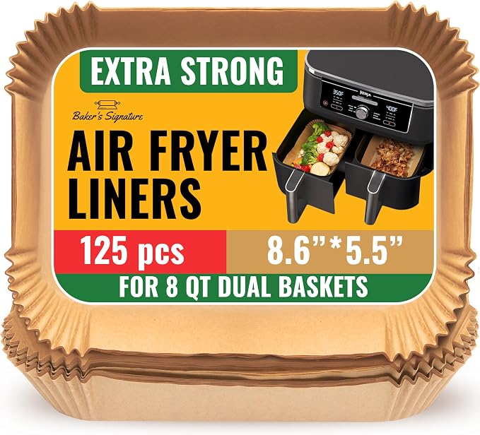 Rectangular Air Fryer Liners Disposable, 125 Pcs Parchment for Dual Baskets | Non-stick & oil-proof for easy cleanup, unbleached natural wood pulp, oven & microwave safe