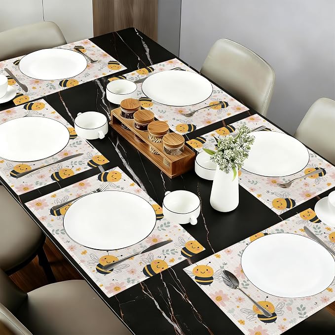 Table Placemats Set of 6,Cute Bee Cloth Placemats,Spring Flowers Heat-Resistant Table Mats for Kitchen Dining Room Decoration,Non-Slip Fabric Place Mats 11.8x17.7 Inch