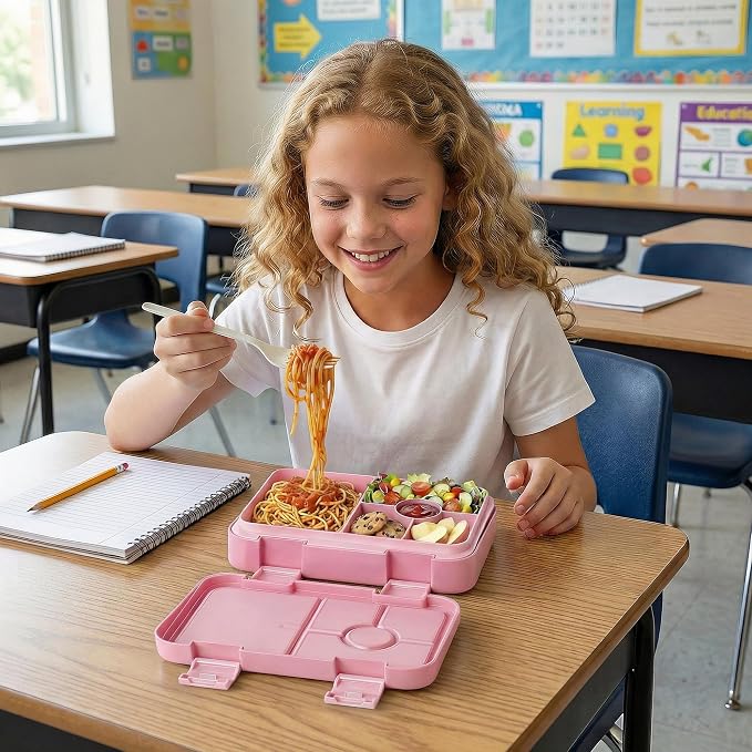 Bento Lunch Box for Kids, 5/6 Compartments, Pink | Dishwasher Safe Back to School Snack Bento Lunch Containers Boxes, Ideal Portion Sizes for On-the-Go Meal, Ages 3+, School