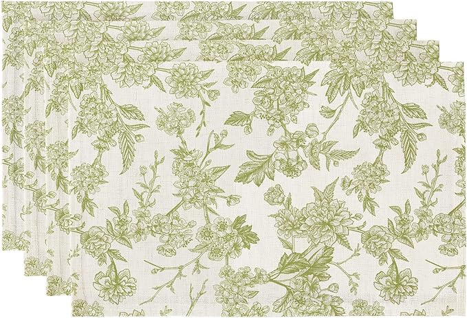 QIYI Boho Table Placemats Set of 4, 12"x18" Linen Place Mats, Green Blooms | Fabric Place Mats for Kitchen Dinning, Farmhouse Rustic Cloth Table Mats, Washable Placemat Party Table Décor