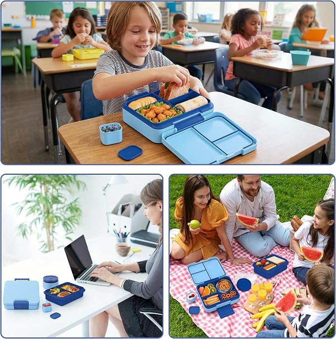 Kids Bento Lunch Box Set with 9.5oz Soup Thermo, Leak-Proof Lunch Food Containers with 3 Compartment and Removable Inner Tray, Insulated Hot Food Jar with Lunch Bag for School, Office, Blue