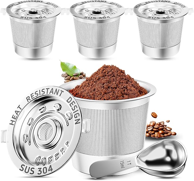 NESSUS 4 Pack Reusable K Cup for Keurig 1.0 | Stainless Steel Coffee Pods with Heat Resistant Handles and Scoop, NO BPA