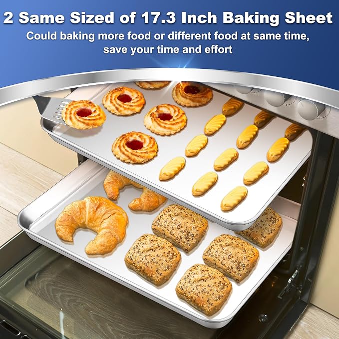 P&P CHEF Baking Sheet Pan, Stainless Steel Cookie Sheet, 17.3 Inch & 2 Pcs | Oven Tray Sheet Pan for Baking & Serving, Baking Tray for Multi Uses, Heavy Duty & Non-toxic, Rust Free & Dishwasher Safe