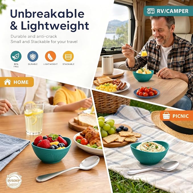 10oz Wheat Straw Bowls Set of 6, Unbreakable Plastic Bowls Reusable for Cereal, Snack, Dessert, Side Dish, Small Prep Bowls, Microwave Safe Bowls for Kitchen, Party, Camping - Green
