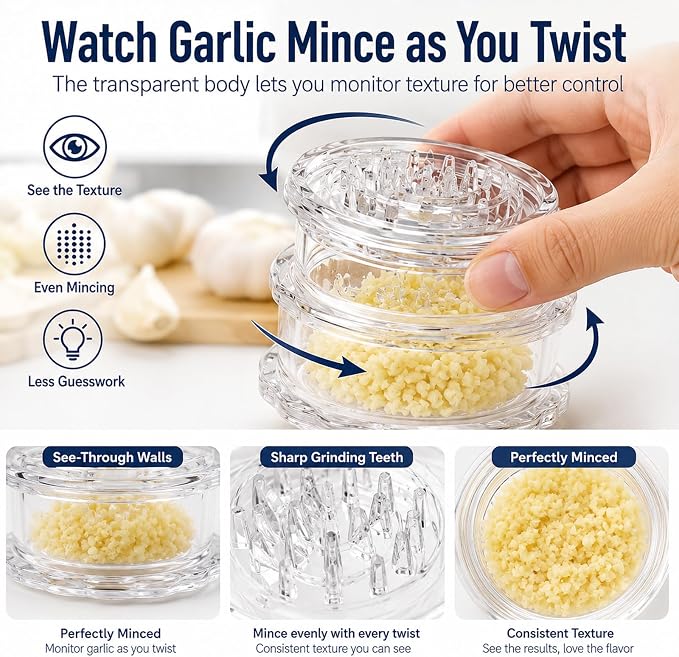Transparent Manual Garlic Twister & Mincer, 2-Pack Multi-Functional Grinder for Garlic, Onion, Ginger, Herbs, Nuts, Impact Resistant Kitchen Gadget