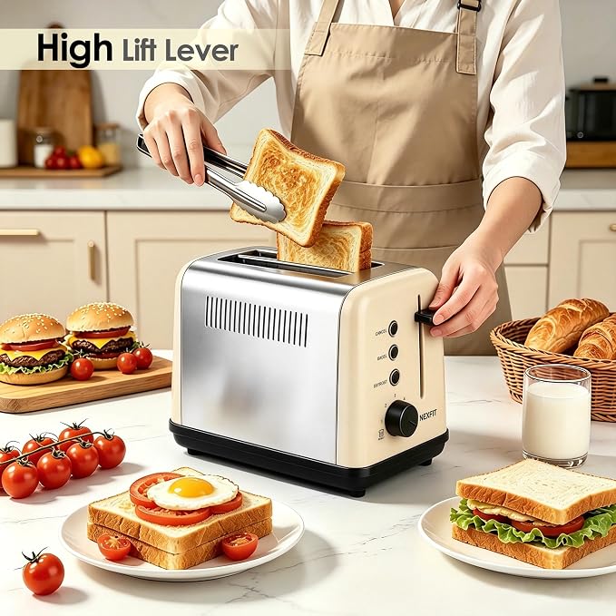 Toaster 2 Slice, Stainless Steel, 6 Shade Settings, 1.5" Extra Wide Slots | NEXFIT Retro Toaster with Bagel, Defrost, Reheat & Cancel Functions, 900W, Removable Crumb Tray, High Lift, Cord Wrap, Beige