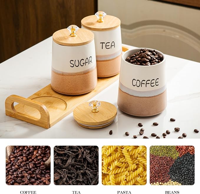 Kimdio Ceramic Canisters Set with Airtight Lids, 22 oz Coffee Canisters Sets for the Kitchen, Large Jars for Flour, Sugar, Pasta, Coffee, Cookies, Tea - Set of 3 - Orange and White