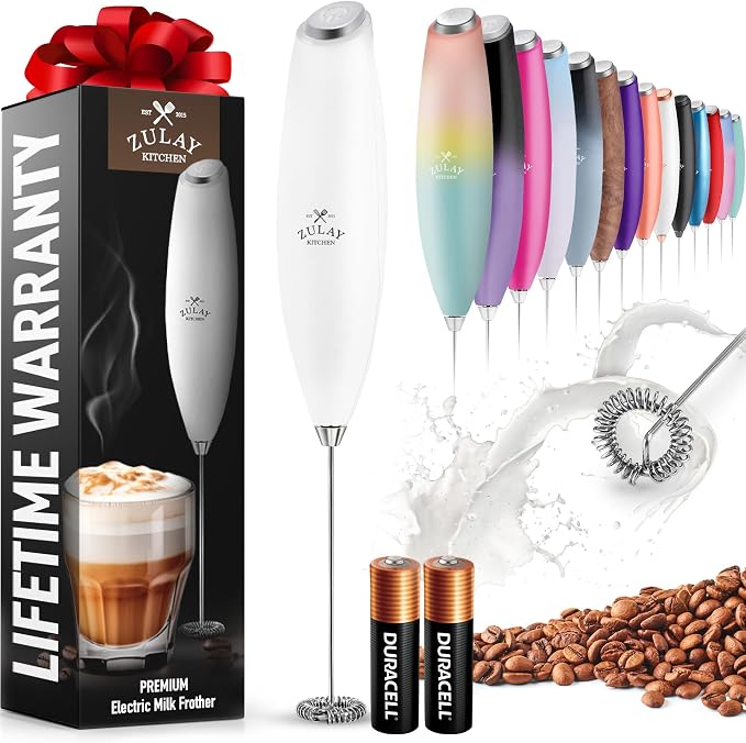 Zulay Powerful Milk Frother for Coffee with Upgraded Titanium Motor - Handheld Electric Whisk, Milk Foamer, Mini Mixer & Coffee Blender for Frappe, Latte, Matcha, No Stand - Elegant White