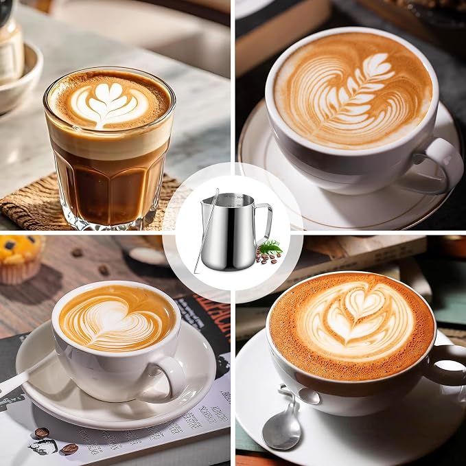 Milk Frothing Pitcher, 12oz Milk Frother Cup with Scale, 304 Stainless Steel Cappuccino Espresso Machine Accessories，for Barista Coffee Bar with Latte Art Pen
