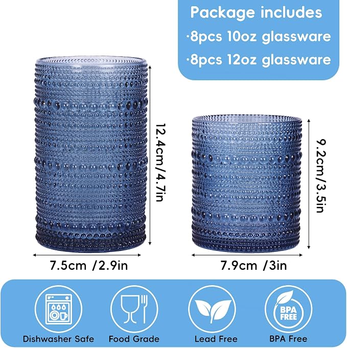 Moretoes Blue Hobnail Drinking Glasses Set of 16,Glass Cups | 12 Oz Highball Glasses & 10 Oz Cocktail Glasses, Kitchen Bar Tumbler Glassware Set for Whiskey, Beer, Juice, Milk