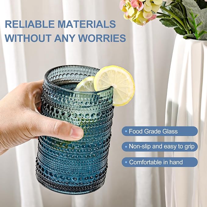 ZMOWIPDL 12oz & 15oz Hobnail Drinking Glasses,Blue Glass Cups Set of 8 | Vintage Highball Glassware，Kitchen Drinkware，Embossed Water Tumbler,for Beer,Cocktail,Whiskey,Juice,Various Mixed Drinks