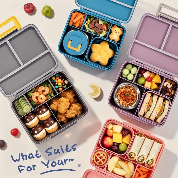 Kids Lunch Bento Box with 8oz Thermo/Ice Pack, BPA-Free, for School | Leak-proof Food Containers with 5 Compartment, Insulated Food Jar, Dishwasher Safe, Easy to Clean, Lunch Box for Girls Boys