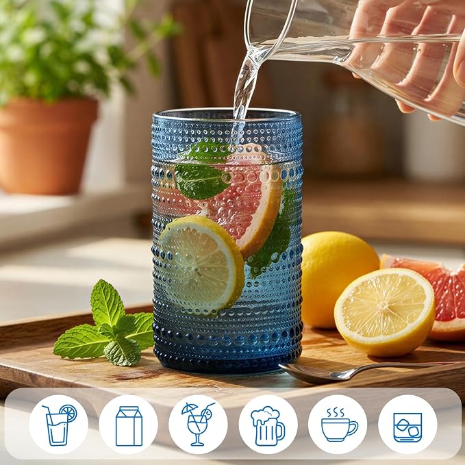 Moretoes Blue Hobnail Drinking Glasses Set of 6, Vintage Glass Cups | 12 Oz Highball Glasses & 10 Oz Cocktail Glasses Embossed Boho Kitchen Bar Tumbler Glassware for Whiskey Beer Juice Milk