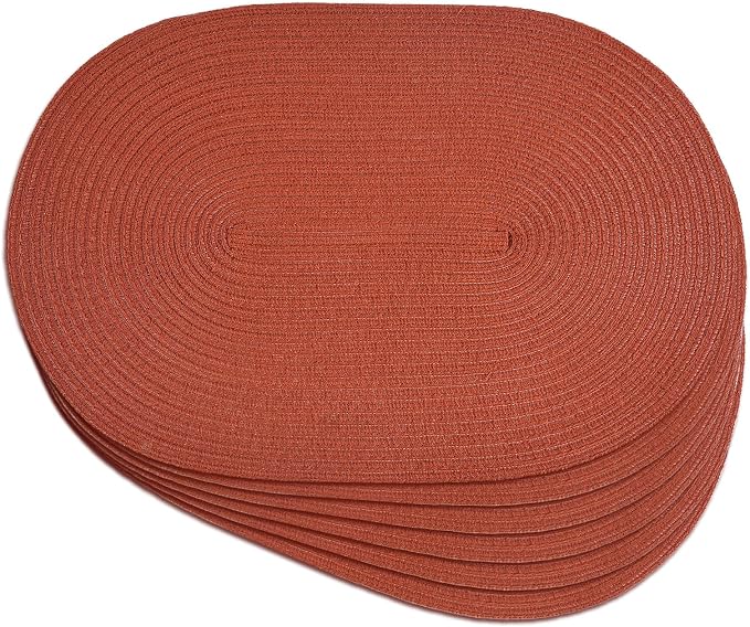 Placemats Set of 6, Woven Oval Braided Dining Table Mats(Rust Orange) | 12 x 17.5 Inch Size Fits Plates and Flatware; Hand Washable and Heat Resistant for Kitchen Use, with Farmhouse and Boho Style