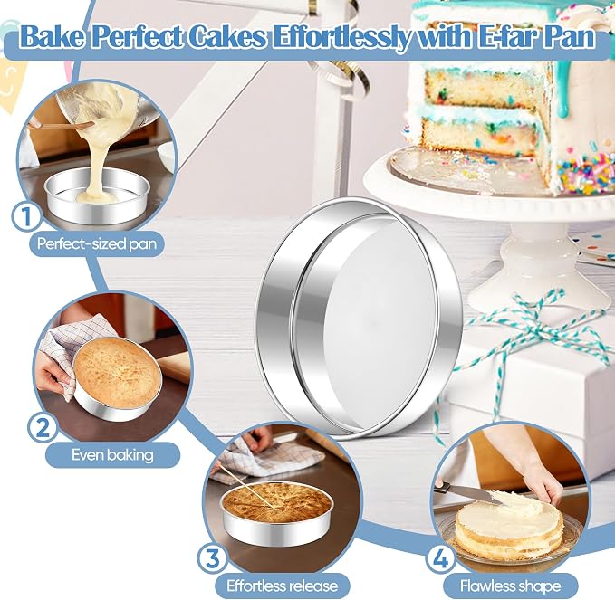 E-far 8 Inch Cake Pan Set of 2, Stainless Steel Round Baking Pans Tins Mold | Non-Toxic & Leak-Proof for Birthday Wedding Layer Tiered Cake, Easy Clean & Dishwasher Safe