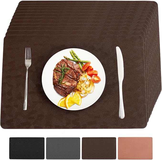 Brown Vinyl Placemats Set of 12 Waterproof Wipeable Table Mats | Heat Resistant Easy Clean Place Mats Faux Leather Table Mats Washable PVC Table Placemats for Dining Table