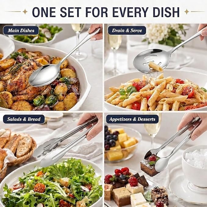 18Pcs Serving Utensils Set, Stainless Steel Flatware Cutlery Set | Serving Spoons for Buffet, Serving Tongs for Food,Slotted Spoons,Serving Utensils for buffet, Party,Weeding,Catering(Silver)