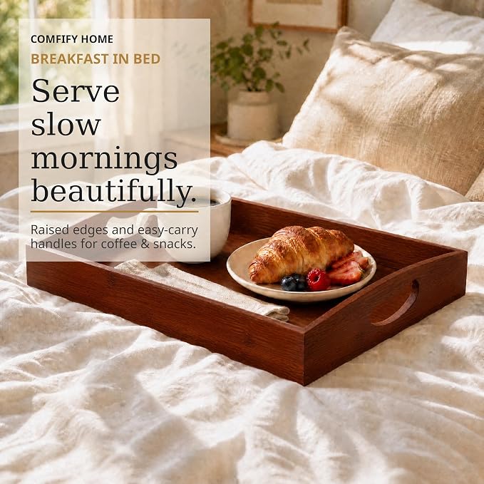 Comfify Dark Brown Bamboo Serving Trays Set of 3 – Nesting Ottoman Trays | Dark-stained bamboo with walnut tones; cutout handles; for coffee table, bar and bedroom dresser; S: 12", M: 14.5", L: 16.25"
