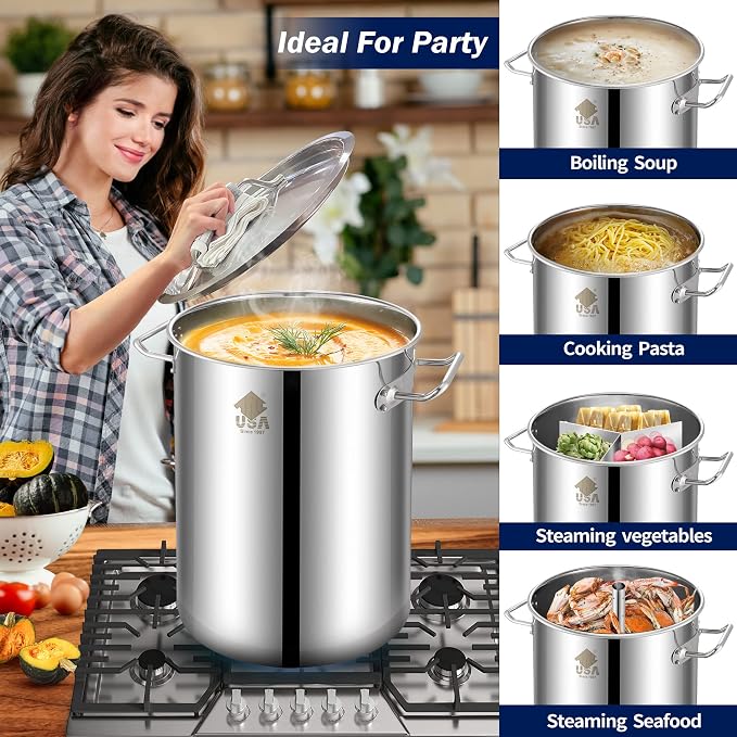 ARC 32QT Stainless Steel Stock pot 6-Piece For Seafood Boil Pot with Basket | Turkey Fryer Pot with Strainer-Steamer Rack-Divider-Lift Hook-Tube-Cookware for Crawfish Crab Shrimp Lobster Boiling, Tamale