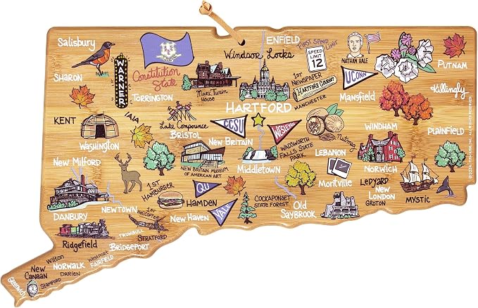 Totally Bamboo Connecticut State Shaped Cutting Board, Art by Fish Kiss | State charcuterie board with colorful hand-drawn map artwork. Smooth reverse side for food prep. Hang tie for wall display.