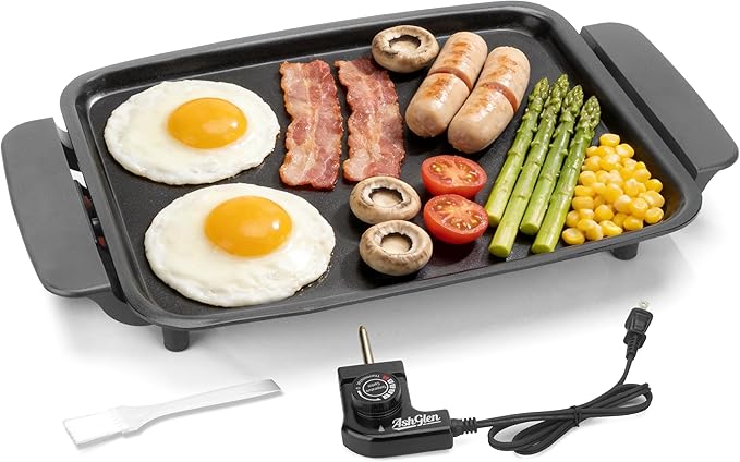 AshGlen Small Electric Griddle Nonstick, Griddle Pan Electric, Parrilla Eléctrica Para Cocinar, 12-Inch Ceramic Coating Pancake Griddle Electric, Indoor Griddle Grill Electric, PFOA Free, Graphite