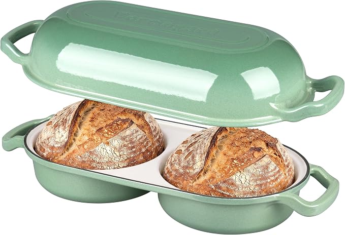 Enameled Cast Iron Double Dutch Oven with Lid, Dual Round Loaf Pan, Bread pan for Homemade Sourdough Bread Baking, Sage green