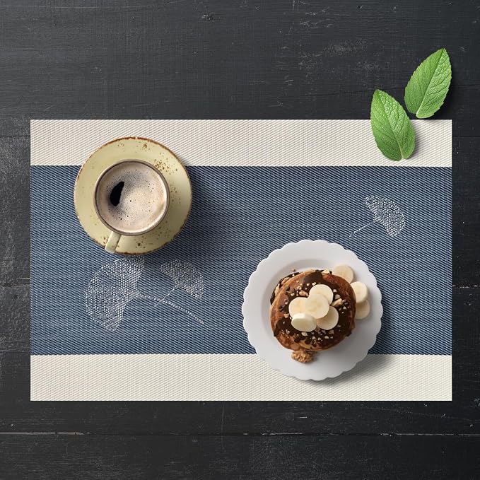 PIGCHCY Ginkgo Placemats Set of 4, Non-Slip Placemats Easy to Wipe Clean Kitchen Durable Table Mats for Home/Dining Room Decoration (Blue,18 X 12 inches)