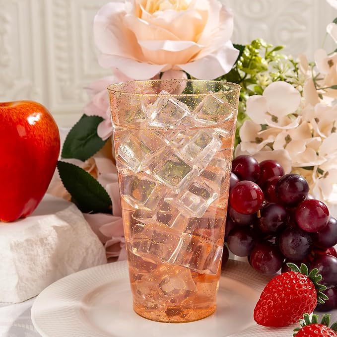 I00000 16 oz Gold Plastic Cups, 100 Pack Gold Glitter Plastic Cups Tumblers Disposable Party Cups Wedding Cups, Heavy-duty Plastic Disposable Cups Ideal for Wedding & Party