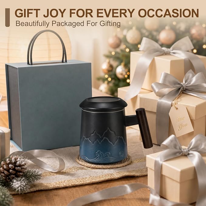 Tea Cup with Infuser and Lid, 14oz Ceramic Loose Leaf Tea Steeper Cup with Wood Handle and Cup Lid, Blue, Black | 14oz Ceramic Tea Mug with Lid, Loose Leaf Tea Steeper Cup with Wood Handle for Tea Lovers Gifts