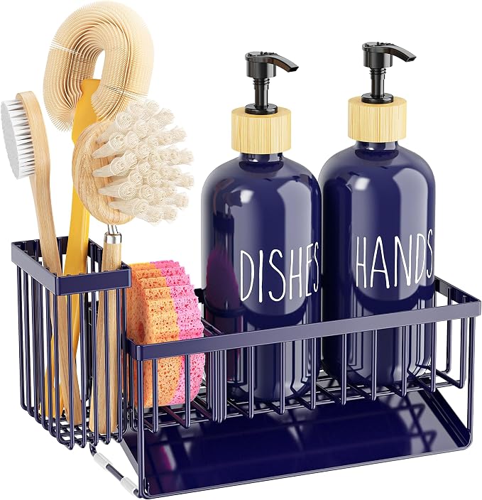 Cisily Kitchen Dish Soap Dispenser Set with 2 Pack 16.9oz Amber Glass Bottle and Sponge Holder, Dish Soap Dispensers with Adjustable Sponge Holder, Vintage Hand and Dish Soap Dispensers Set