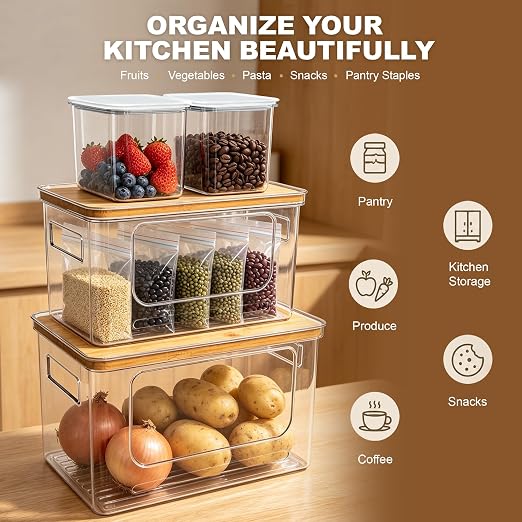 Trash Bag Organizer Under Sink Storage, 4 Piece Stackable Clear Storage Bins with Bamboo Lids, Fits 13/30/33 Gallon Bags, Organizer for Laundry Pods, Dishwasher Pods, Kitchen Pantry