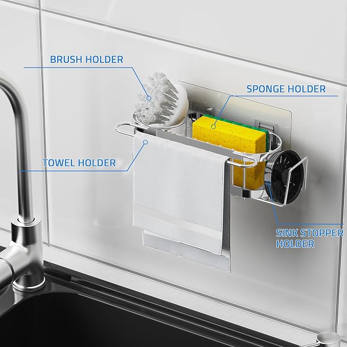 Cisily Kitchen Sink Caddy Sponge Holder in The Sink, Stainless Steel Kitchen Sink Organizer, Brush Holder, Dish Cloth Hanger, Sink Stopper Holder (Suction cup-Silver)